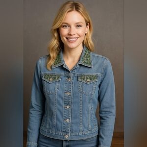 Christine Alexander Blue Jean Jacket with Green Embellishments Size SMALL